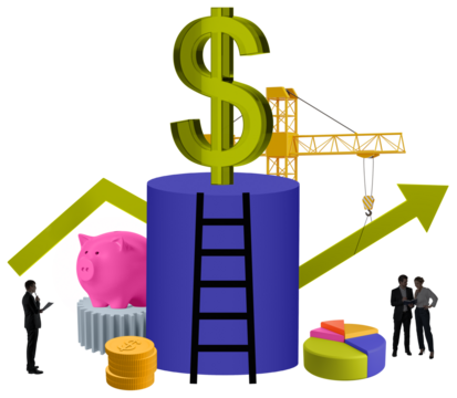 Isolated businesspeople near piggy bank, pie chart, coins, and large dollar sign with crane and arrows, on white background, symbolizing financial growth - Powered by Adobe
