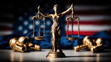 Law and Justice Scale with American Flag and Gavel: US Legal System