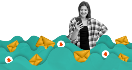 Isolated woman smiling at phone, standing among floating golden envelopes and alert icons, with stylized teal waves on a white background, concept of communication overload