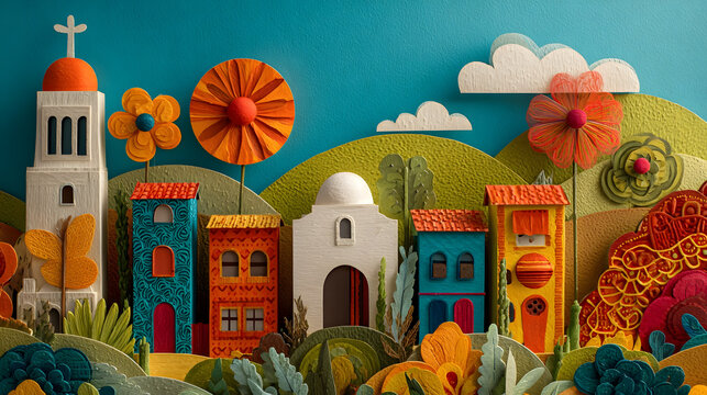 A whimsical scene crafted from paper, featuring a charming village with diverse buildings, decorative flowers, and rolling hills under a blue sky.