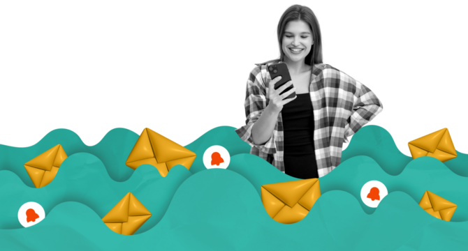 Isolated woman smiling at phone, standing among floating golden envelopes and alert icons, with stylized teal waves on a white background, concept of communication overload