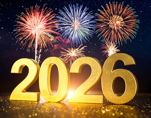 Golden numbers "2026" displayed against a backdrop of vibrant fireworks in a night sky.