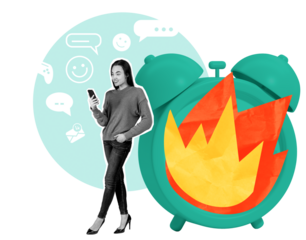 Isolated woman using smartphone, collage style with colorful illustrated alarm clock and fire, on white background, concept of digital burnout