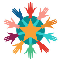 Diverse hands united in a vibrant circle around a shining star, symbolizing teamwork, achievement, and global community connection for collaborative projects and inspirational campaigns.