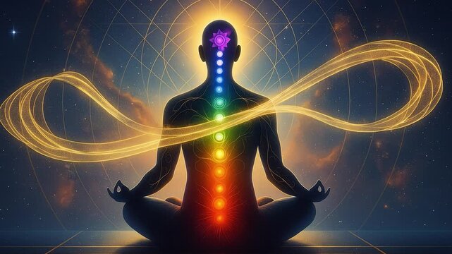 瞑想する人物とチャクラの光のビジュアル