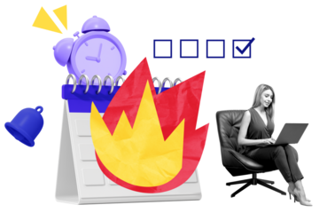 Isolated woman sitting on chair with laptop beside colorful calendar, clock, and fire icon on white background, concept of deadline pressure or burnout