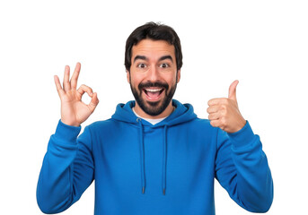 Man in blue hoodie expresses approval with thumbs up and ok hand gesture transparent background