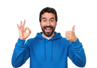 Man in blue hoodie expresses approval with thumbs up and ok hand gesture transparent background