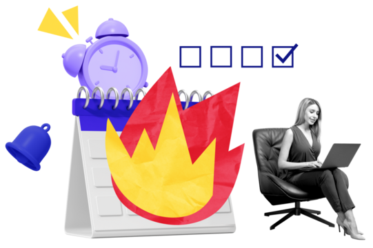 Isolated woman sitting on chair with laptop beside colorful calendar, clock, and fire icon on white background, concept of deadline pressure or burnout
