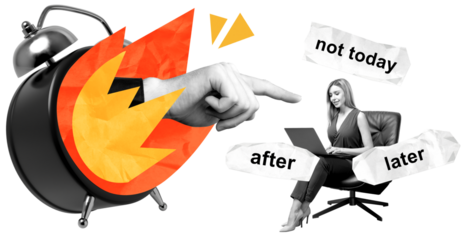 Isolated woman sitting on chair with laptop, surrounded by torn paper text and alarm clock, in collage style on white background, concept of procrastination