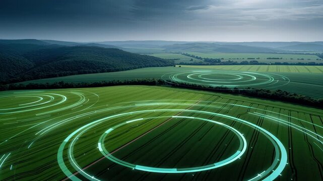 Ai technology value in agriculture field with futuristic glowing circle patterns, advanced innovation, sustainability, and mysterious rural landscape