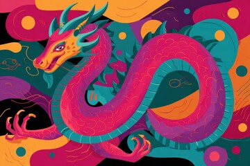 Obraz premium Vibrant Dragon Illustration with Abstract Shapes and Bold Colors