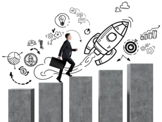 Isolated man in suit climbing concrete steps with business symbols, hand-drawn style on white background. Concept of growth, startup, success, progress
