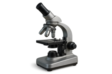 A laboratory microscope with multiple lenses and a stage for examining slides. Concept Lab Microscope Features, Multi-Lens System, Slide Stage Functionality, Precision Focusing