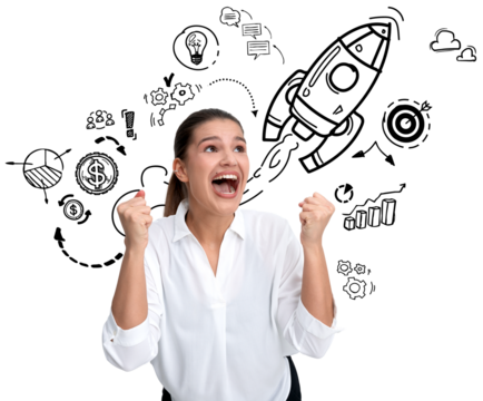 Happy isolated woman celebrating success with hand-drawn business icons including rocket, charts, gears on white background. Concept of startup growth
