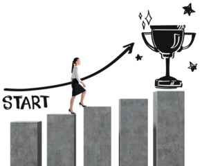 Isolated woman in business attire climbing concrete graph bars, white background, hand-drawn trophy and arrow, concept of progress and success