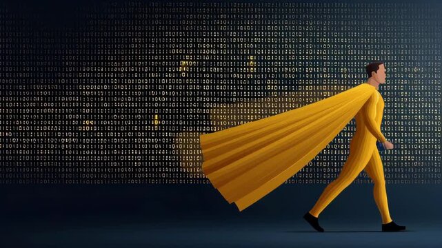 Ai superhero in yellow suit with cape walking confidently in front of binary code background showing value concept digital power futuristic technology