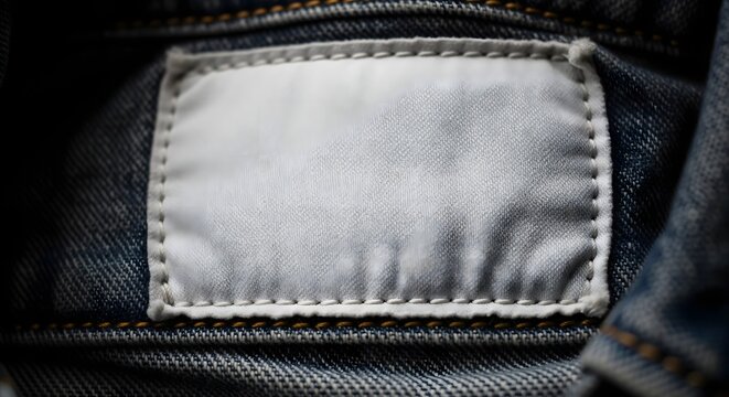 Close-up of a blank, white label sewn onto a blue denim garment.