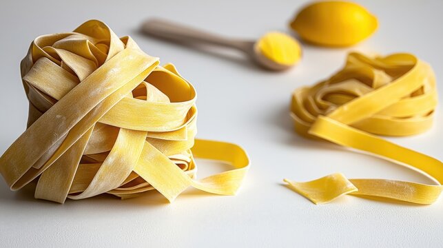 Assortment of uncooked yellow pasta s scattered on white surface with yellow wooden spoons and droplet-shaped container for cooking or food preparation