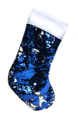 Blue and silver reversible sequin Christmas stocking with faux fur cuff on white