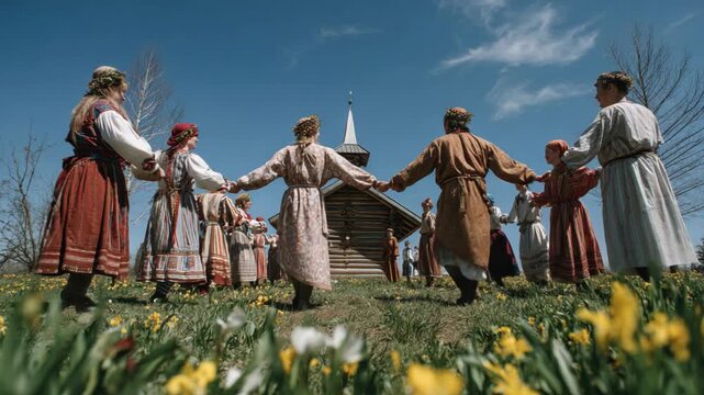 Traditional Russian Folk Dance Circle Celebrating Spring in Colorful Costumes by Village Chapel