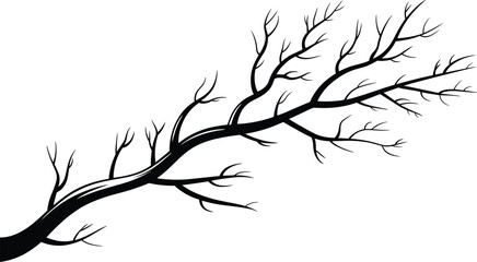Black silhouette vector illustration of a bare tree branch with twigs, perfect for nature-themed designs, logos, or seasonal projects.