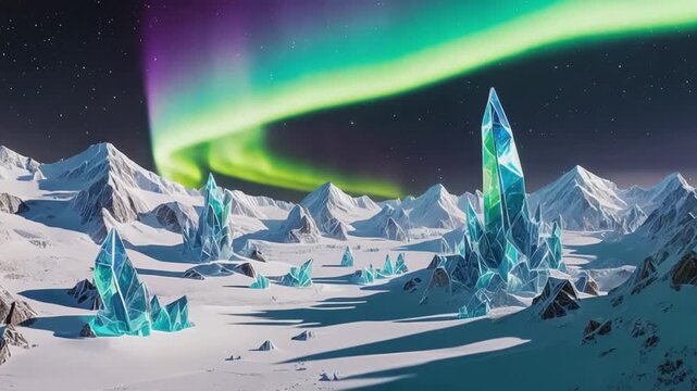 Northern lights glowing green across the polar night sky above a frozen icy tundra 4K video