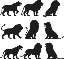 Black silhouette vector set of male and female lions, perfect for logo design, t-shirts, tattoos, and wildlife conservation projects.