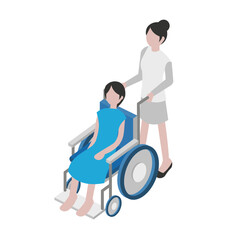 A nurse pushes a patient in a wheelchair, illustrating care and mobility assistance in a healthcare setting.