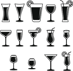 Black and white vector icon set of various cocktail glasses and bar drinkware for creative projects, including wine, martini, and highball glasses.
