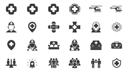 Emergency medical and healthcare icon set with ambulance, nurse, hospital, rescue, and safety symbols for medical services and apps.