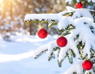 Close-up of a snow-covered evergreen branch decorated with red Christmas ornaments.