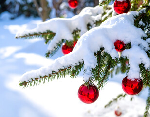Christmas tree branch covered in snow, adorned with red ornaments.