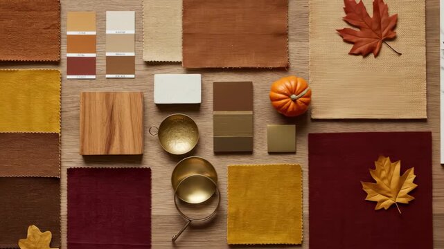 Autumnal Hues Interior Design Mood Board - A flat lay showcasing an autumnal-themed mood board with fabric swatches, wood samples, metallic accents, and seasonal elements like a pumpkin and leaves.