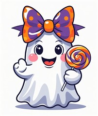Fototapeta premium Cute cartoon ghost with a purple bow holding a colorful lollipop, cheerful Halloween illustration