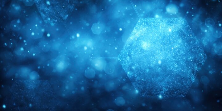 Abstract blue hexagon design with bokeh effect and particle lights 