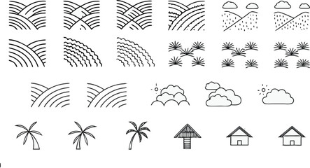 Fototapeta premium Nature and village icons set with fields, sunrise, clouds, palm trees, and houses for rural, tropical, landscape, and environment design