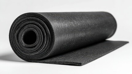 Ultra quality image of black yoga mat is rolled up and laying on a white background.