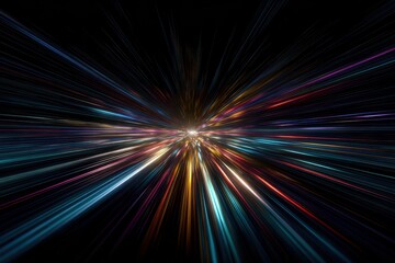 Abstract light trails radiate from a central point on black. Use for speed concepts, futuristic themes, or special effects.