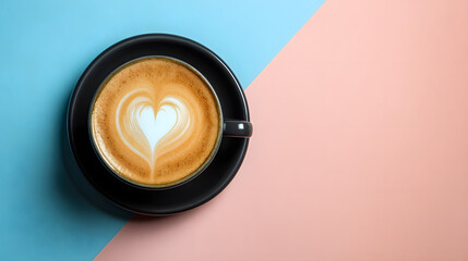 Fototapeta premium A dark coffee cup with intricate latte art in the shape of a heart rests on a split pastel background.