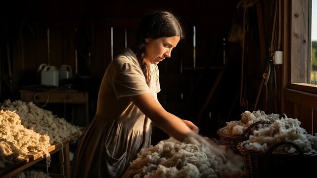 Traditional craftswoman carefully sorting raw sheep's wool in a rustic, sunlit barn.