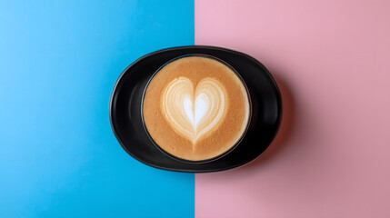 A top-down view of a black saucer holding a latte with heart-shaped foam art, set against a split pink and blue backdrop.