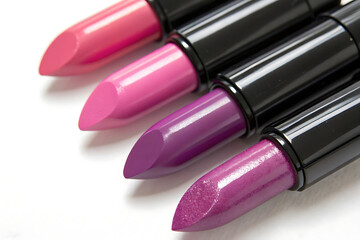 Obraz premium Collection of three new pink lipsticks on white background, copy space. Femininity, makeup, decorative cosmetic, beauty concept