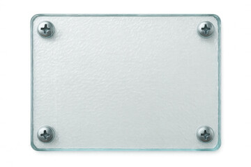 Frosted glass plate secured by metal screws, presenting sleek minimalist design against transparent backdrop