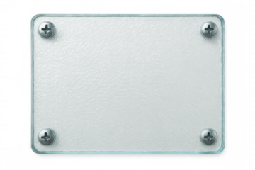 Frosted glass plate secured by metal screws, presenting sleek minimalist design against transparent backdrop