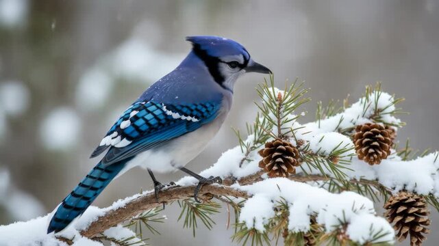Blue Jay on Snowy Pine Branch in Winter - A vibrant blue jay perches on a snow-covered pine branch, its blue feathers contrasting beautifully with the white snow.