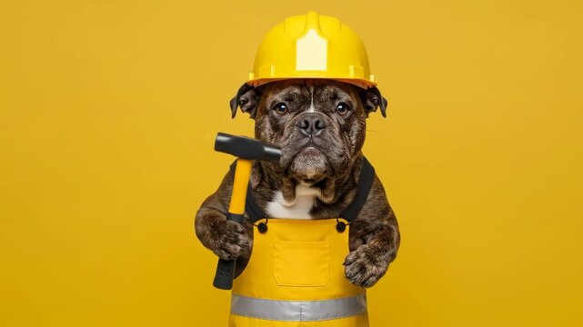 Bulldog Construction Worker - Adorable bulldog wearing a yellow hardhat and overalls holds a hammer against a vibrant yellow background.