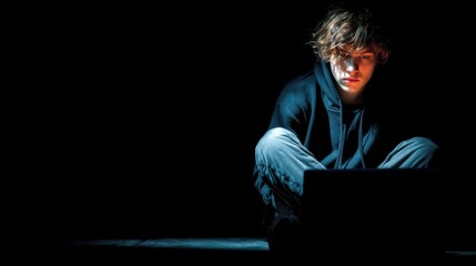 Teenage boy sitting in darkness illuminated only by a glowing laptop screen, face absorbed in online gaming