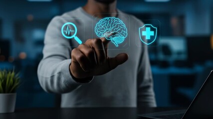 Brain Health Innovation: African American man activates a glowing holographic brain on a futuristic digital interface, integrating AI, neuroscience, and medical technology in a modern data research - Powered by Adobe