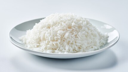 Ultra quality image of plate of freshly cooked white rice on a white background.